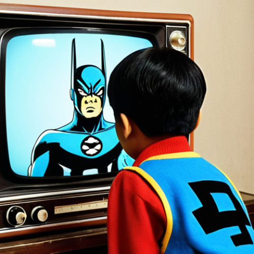 Home 15 **A child captivated by "Bungae-man" on a retro TV:** Focus on nostalgia, showcasing the iconic Korean superhero on an old television set, creating a warm, reminiscent atmosphere like watching "Barrio Sésamo" back in the day.