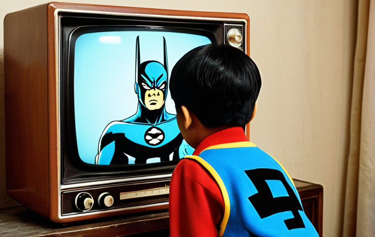 **A child captivated by "Bungae-man" on a retro TV:** Focus on nostalgia, showcasing the iconic Korean superhero on an old television set, creating a warm, reminiscent atmosphere like watching "Barrio Sésamo" back in the day.