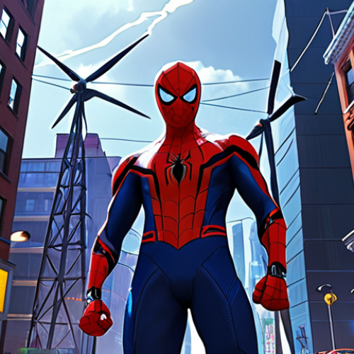 Home 14 **
A vibrant, CGI animated scene. Lightning Man, redesigned with a modern, sleek costume, stands heroically in a futuristic city. Diverse characters of different ethnicities and abilities are alongside him. The city showcases advanced technology and renewable energy sources like wind turbines and solar panels. Style should resemble "Spider-Man: Into the Spider-Verse" with dynamic action and bold colors. Focus on inclusion and a hopeful, eco-conscious future.
**