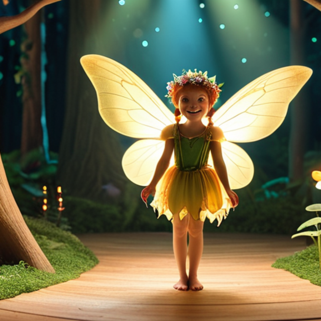 **

A vibrant, magical children's theater scene. Focus on the lighting: warm spotlights on a friendly fairy character with a glowing halo. Soft, diffused light fills the stage. Background slightly blurred, suggesting a whimsical forest. The overall mood is enchanting and inviting.

**