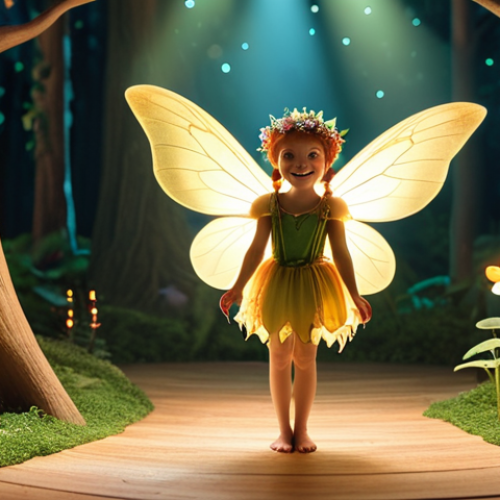 Home 7 **
A vibrant, magical children's theater scene. Focus on the lighting: warm spotlights on a friendly fairy character with a glowing halo. Soft, diffused light fills the stage. Background slightly blurred, suggesting a whimsical forest. The overall mood is enchanting and inviting.
**