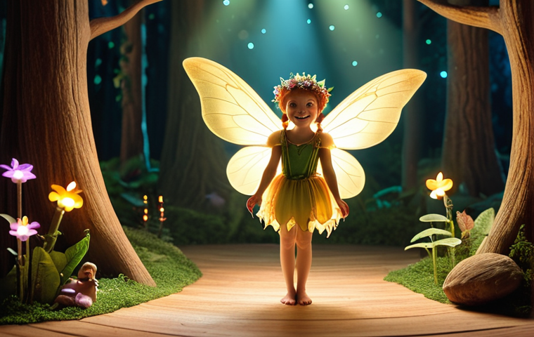 **
A vibrant, magical children's theater scene. Focus on the lighting: warm spotlights on a friendly fairy character with a glowing halo. Soft, diffused light fills the stage. Background slightly blurred, suggesting a whimsical forest. The overall mood is enchanting and inviting.
**