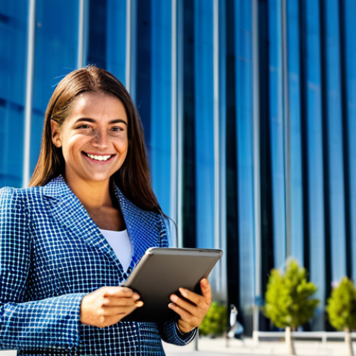 Home 8 **
"A professional businesswoman in a modest business suit, standing confidently in front of a modern skyscraper in Madrid, Spain. She is holding a tablet and smiling slightly. The scene is bright and sunny, capturing the vibrant atmosphere of the city. Fully clothed, appropriate attire, safe for work, perfect anatomy, natural proportions, professional photography, high quality, family-friendly."
**