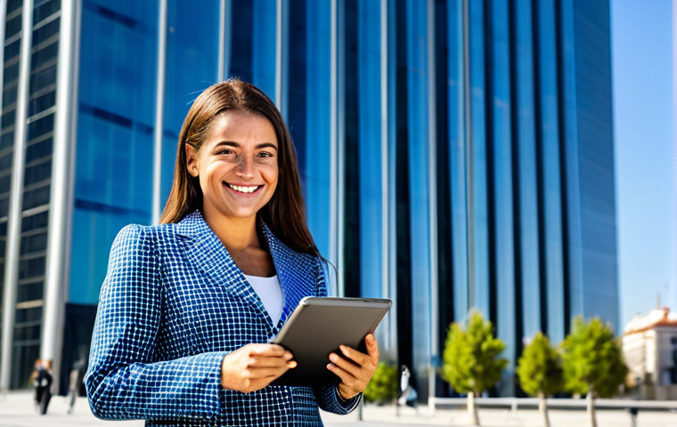 **

"A professional businesswoman in a modest business suit, standing confidently in front of a modern skyscraper in Madrid, Spain. She is holding a tablet and smiling slightly. The scene is bright and sunny, capturing the vibrant atmosphere of the city. Fully clothed, appropriate attire, safe for work, perfect anatomy, natural proportions, professional photography, high quality, family-friendly."

**