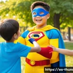 번개맨 인기의 비결 - A friendly and approachable superhero character named 번개맨 wearing a vibrant, rounded-edge costume in...