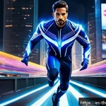 번개맨 등장인물 소개 - A dynamic scene of the hero "Rayo" sprinting at supersonic speed through a futuristic neon-lit citys...