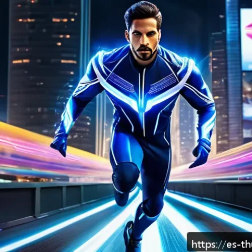 번개맨 등장인물 소개 - A dynamic scene of the hero "Rayo" sprinting at supersonic speed through a futuristic neon-lit citys...