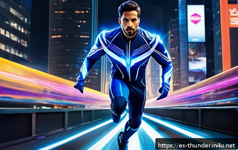 번개맨 등장인물 소개 - A dynamic scene of the hero "Rayo" sprinting at supersonic speed through a futuristic neon-lit citys...