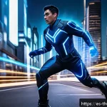 번개맨의 능력 설정 - A dynamic scene of a futuristic urban superhero named 번개맨, dressed in a sleek, high-tech suit with g...