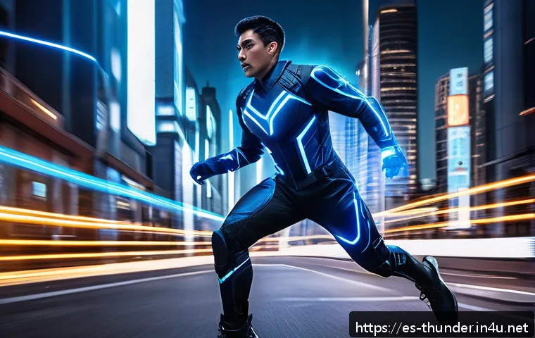 번개맨의 능력 설정 - A dynamic scene of a futuristic urban superhero named 번개맨, dressed in a sleek, high-tech suit with g...