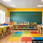 번개맨 유치원 프로그램 - A bright and cheerful preschool classroom in a modern Spanish-speaking community, featuring diverse ...