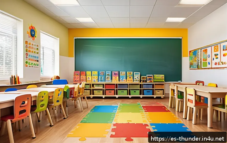 번개맨 유치원 프로그램 - A bright and cheerful preschool classroom in a modern Spanish-speaking community, featuring diverse ...