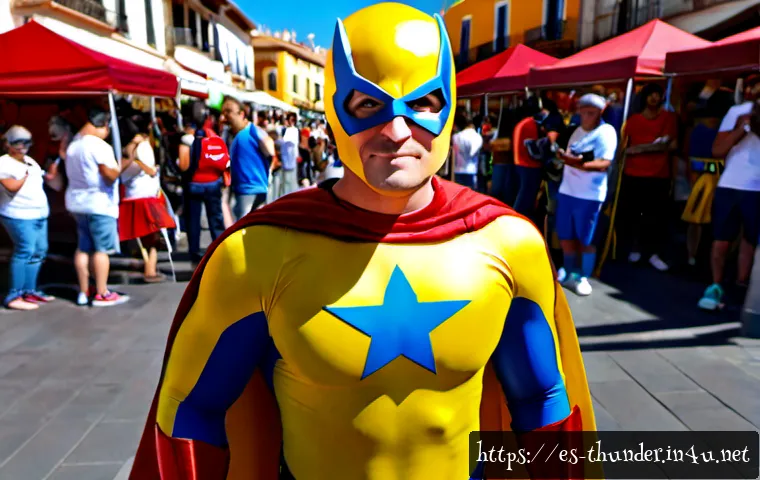 Home 17 번개맨 코스프레 이벤트 - Photorealistic family-friendly superhero cosplay event in a sunny Spanish town plaza, adult performe...